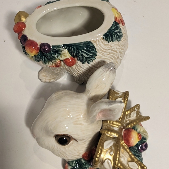 Fitz And Floyd Classics White Bunny Rabbit Trinket Dish W/Lid Gold Bow Greenery - Picture 7 of 11